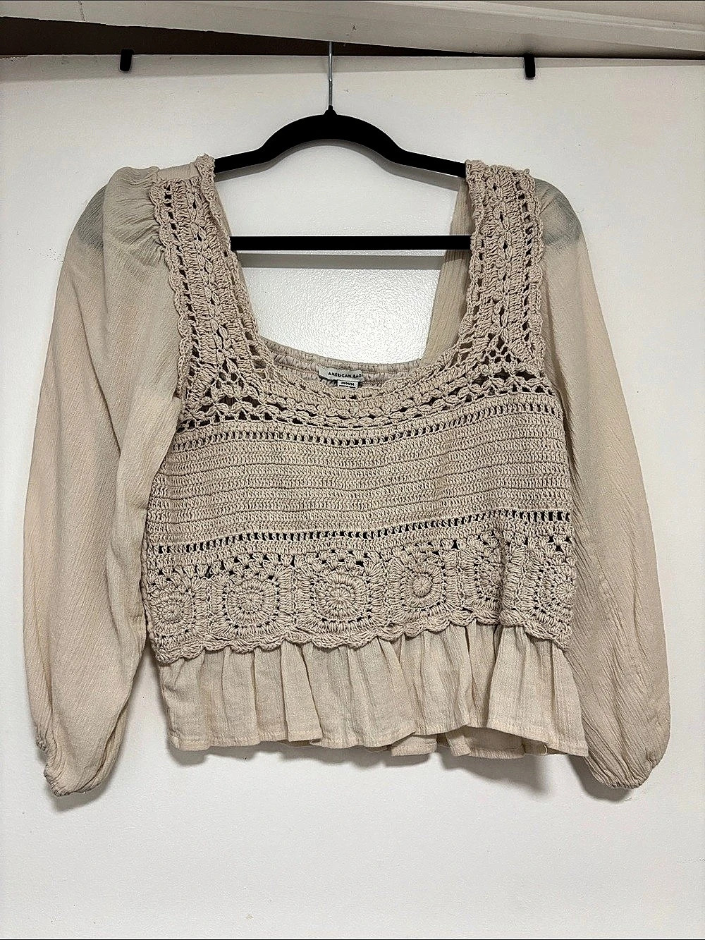 American Eagle Crochet Detail Peplum Blouse in Beige Size Medium
